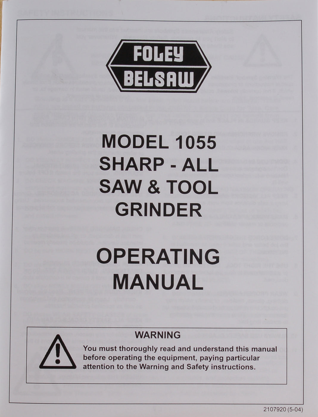 Foley Belsaw Model 1055 SharpAll Operating Manual — Sharpening Supplies