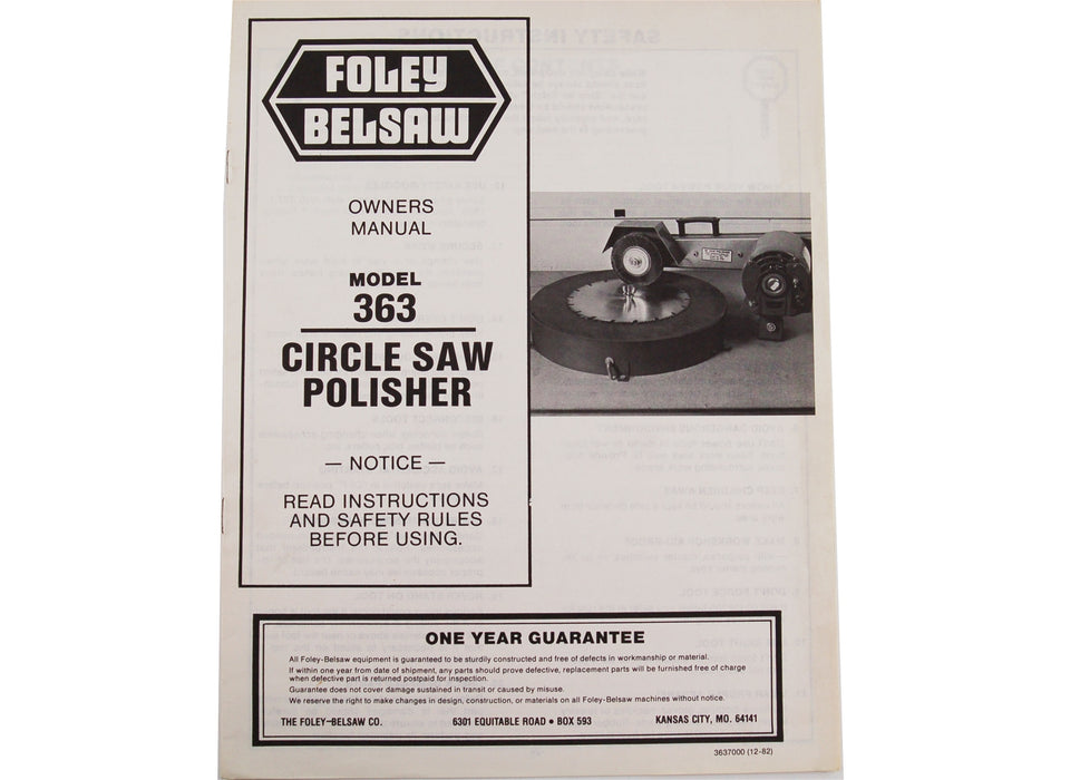 Manual for Foley-Belsaw Model 363 Saw Polisher — Sharpening Supplies