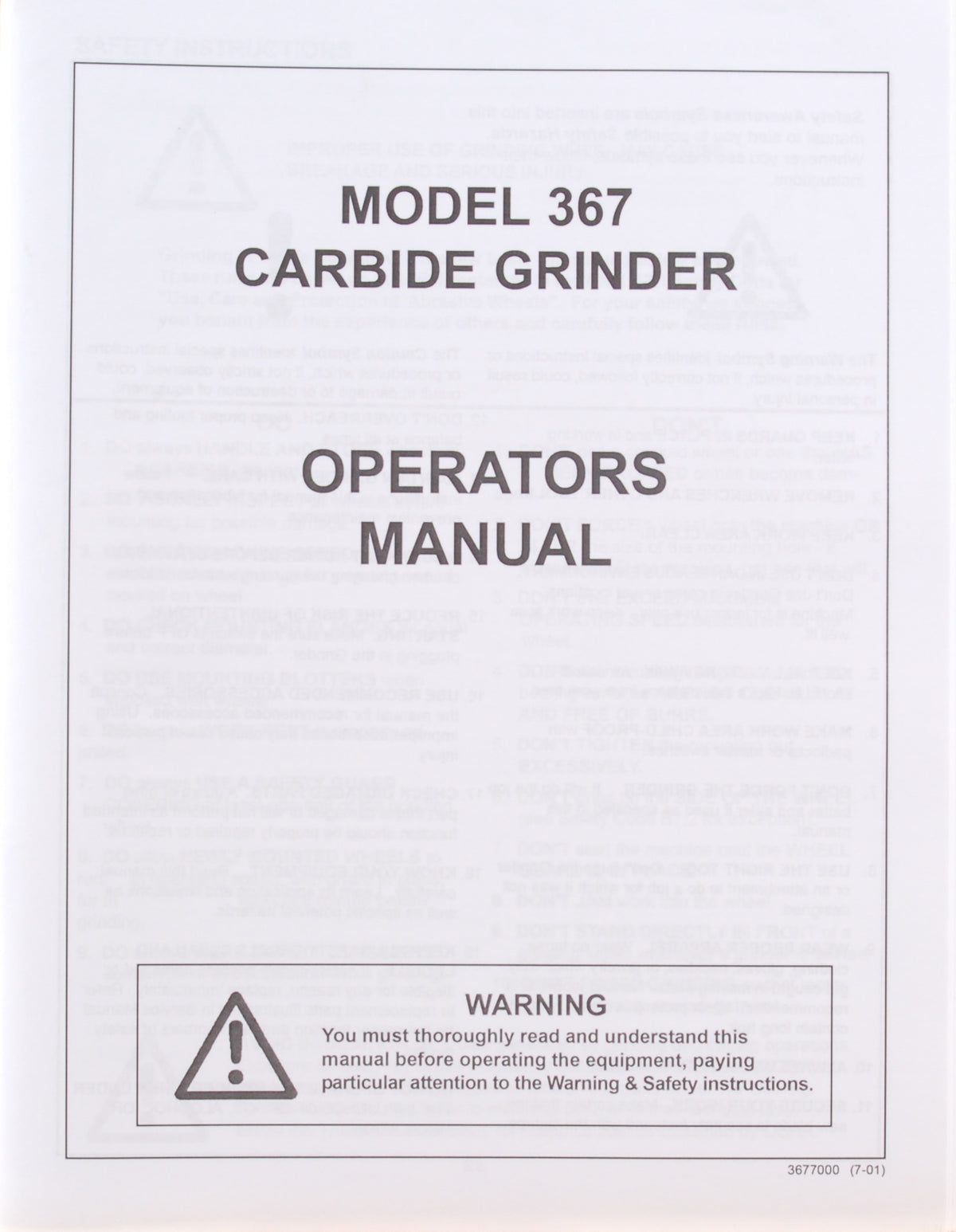 Manual for Model 367 Carbide Grinder — Sharpening Supplies